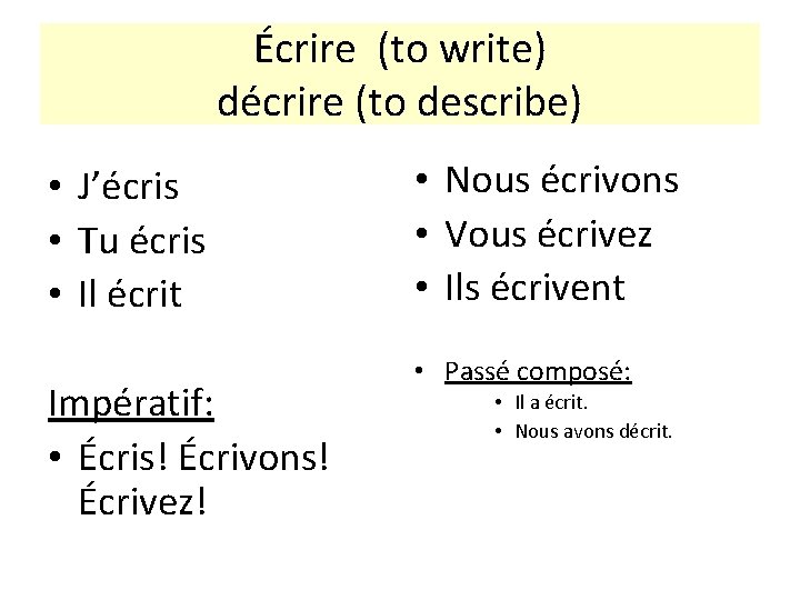Écrire (to write) décrire (to describe) • J’écris • Tu écris • Il écrit