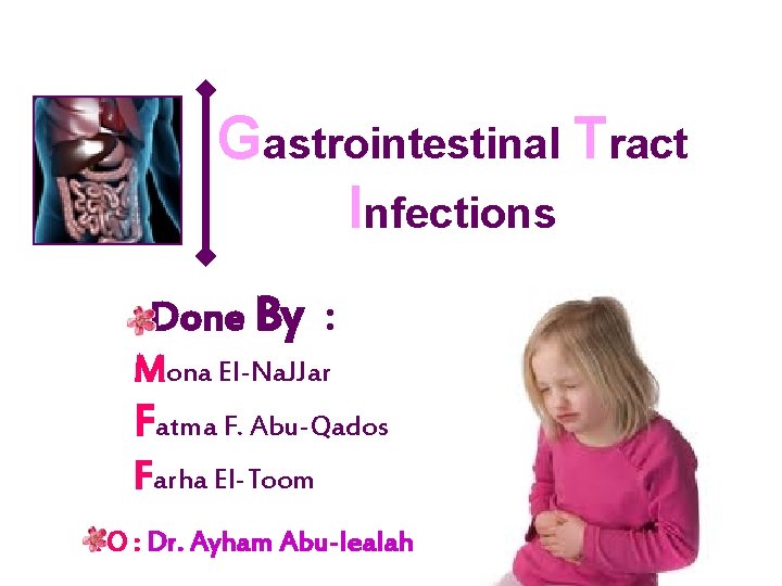 Gastrointestinal Tract Infections Done By : Mona El-Na. JJar Fatma F. Abu-Qados Farha El-Toom