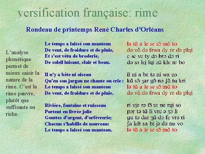versification française: rime Rondeau de printemps René Charles d'Orléans L’analyse phonétique permet de mieux