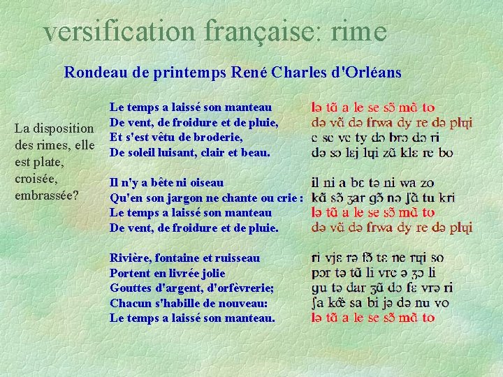 versification française: rime Rondeau de printemps René Charles d'Orléans La disposition des rimes, elle