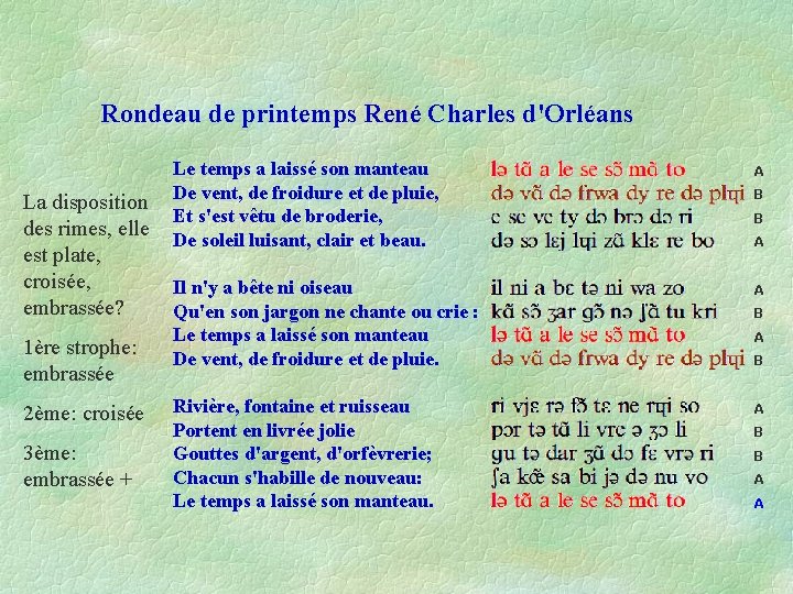 Rondeau de printemps René Charles d'Orléans La disposition des rimes, elle est plate, croisée,