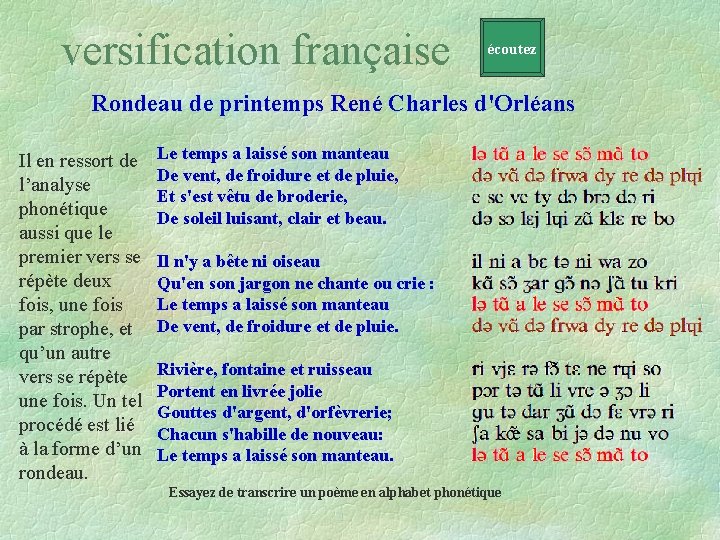 versification française écoutez Rondeau de printemps René Charles d'Orléans Il en ressort de l’analyse