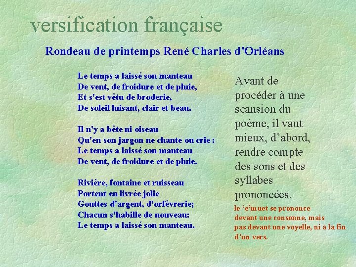 versification française Rondeau de printemps René Charles d'Orléans Le temps a laissé son manteau