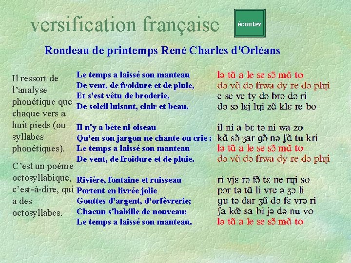 versification française écoutez Rondeau de printemps René Charles d'Orléans Il ressort de l’analyse phonétique