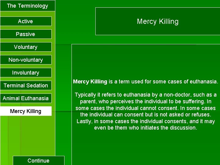 The Terminology Active Mercy Killing Passive Voluntary Non-voluntary Involuntary Terminal Sedation Animal Euthanasia Mercy