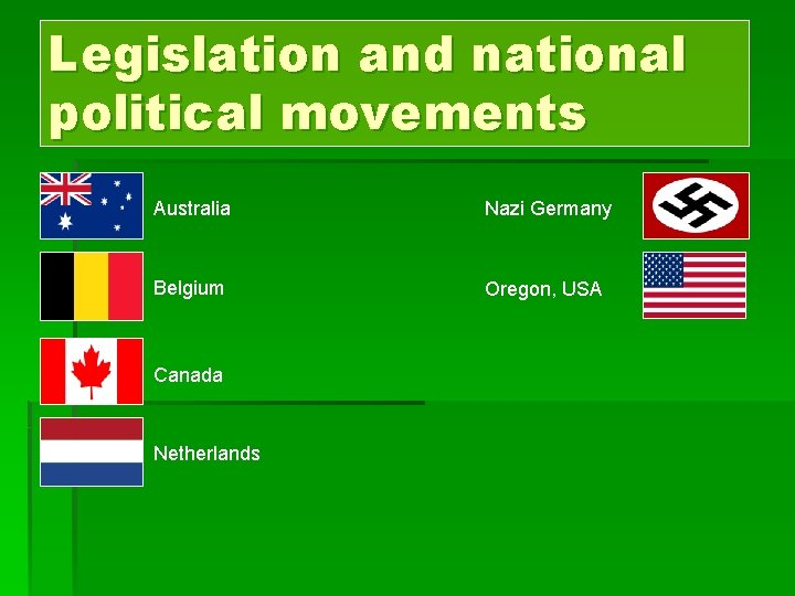 Legislation and national political movements Australia Nazi Germany Belgium Oregon, USA Canada Netherlands 