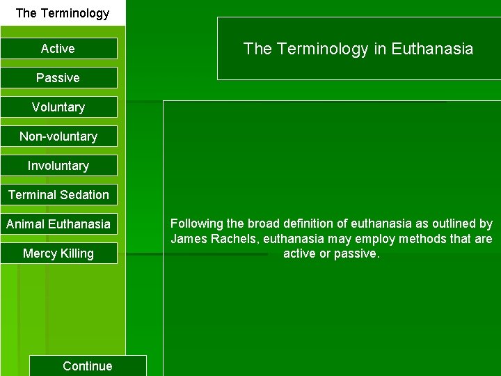 The Terminology Active The Terminology in Euthanasia Passive Voluntary Non-voluntary Involuntary Terminal Sedation Animal