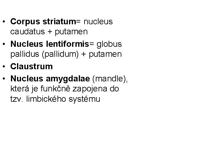  • Corpus striatum= nucleus caudatus + putamen • Nucleus lentiformis= globus pallidus (pallidum)