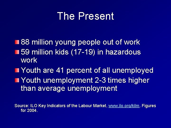 The Present 88 million young people out of work 59 million kids (17 -19)