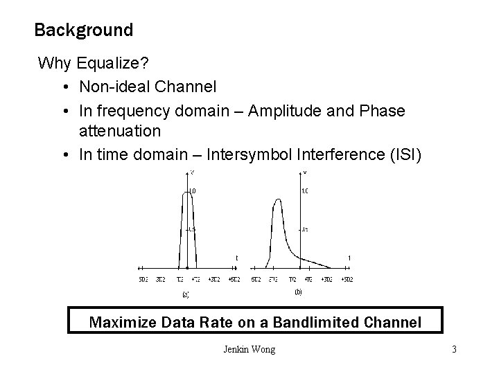 Background Why Equalize? • Non-ideal Channel • In frequency domain – Amplitude and Phase