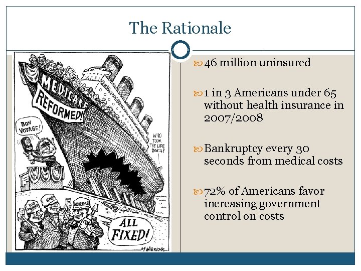 The Rationale 46 million uninsured 1 in 3 Americans under 65 without health insurance