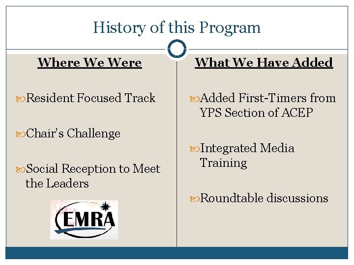 History of this Program Where We Were Resident Focused Track What We Have Added