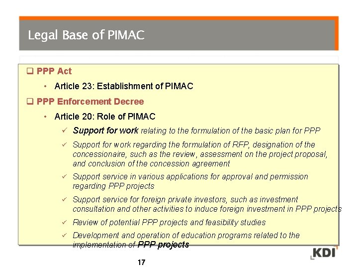 Legal Base of PIMAC q PPP Act • Article 23: Establishment of PIMAC q