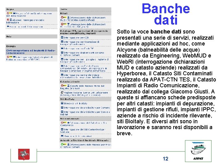 Banche dati Sotto la voce banche dati sono presentati una serie di servizi, realizzati