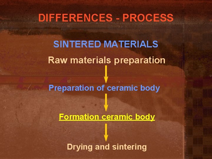 DIFFERENCES - PROCESS SINTERED MATERIALS Raw materials preparation Preparation of ceramic body Formation ceramic