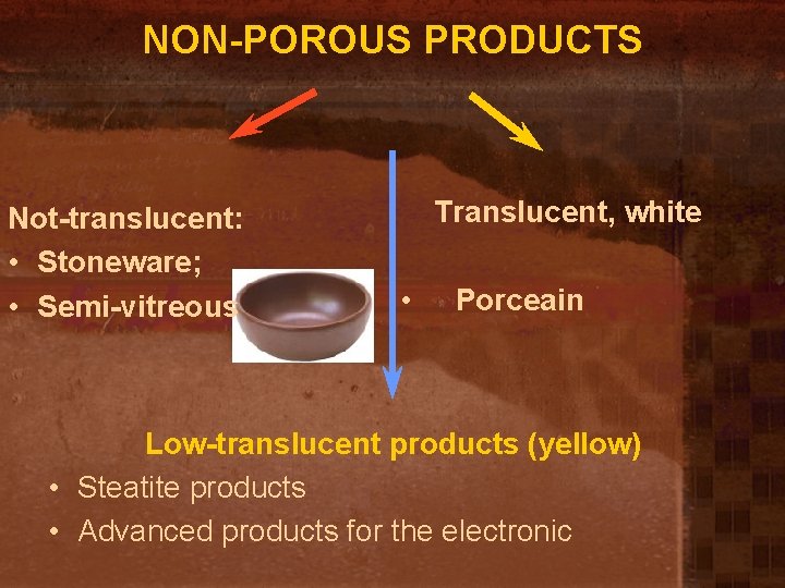 NON-POROUS PRODUCTS Not-translucent: • Stoneware; • Semi-vitreous Translucent, white • Porceain Low-translucent products (yellow)