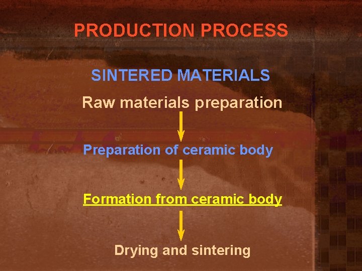 PRODUCTION PROCESS SINTERED MATERIALS Raw materials preparation Preparation of ceramic body Formation from ceramic