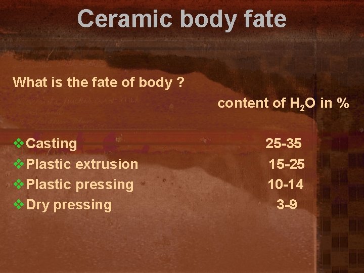 Ceramic body fate What is the fate of body ? content of H 2