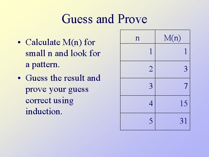 Guess and Prove • Calculate M(n) for small n and look for a pattern.