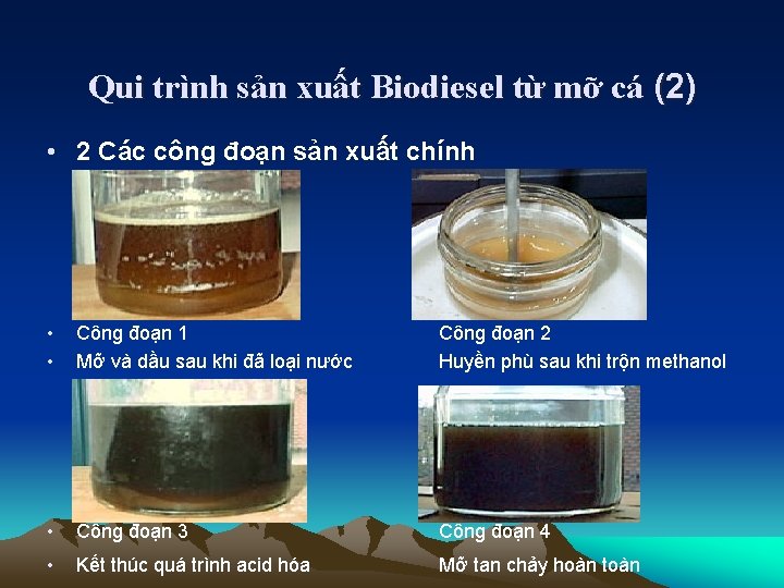 Qui trình sản xuất Biodiesel từ mỡ cá (2) • 2 Các công đoạn