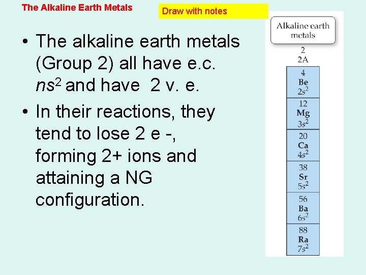 The Alkaline Earth Metals Draw with notes • The alkaline earth metals (Group 2) The Alkaline Earth Metals Draw with notes • The alkaline earth metals (Group 2)