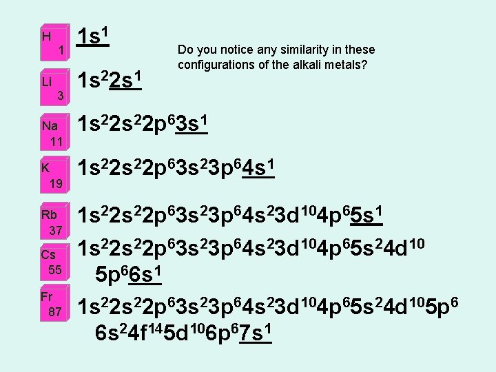 H 1 Li 3 Na 11 1 s 22 s 1 Do you notice H 1 Li 3 Na 11 1 s 22 s 1 Do you notice