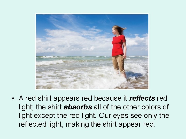 • A red shirt appears red because it reflects red light; the shirt • A red shirt appears red because it reflects red light; the shirt