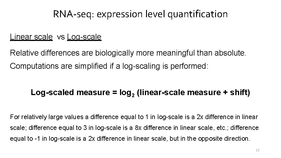 RNA-seq: expression level quantification Linear scale vs Log-scale Relative differences are biologically more meaningful