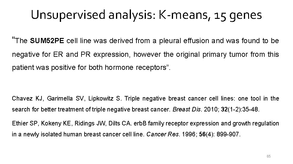 Unsupervised analysis: K-means, 15 genes “The SUM 52 PE cell line was derived from