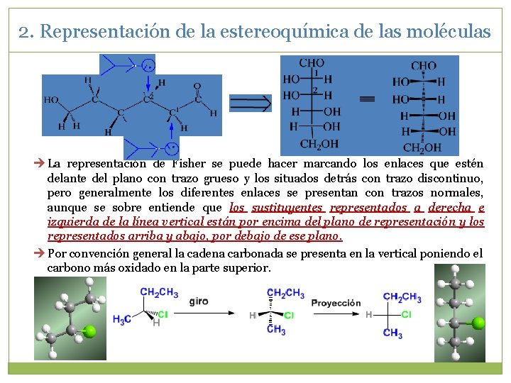 2. Representación de la estereoquímica de las moléculas La representación de Fisher se puede