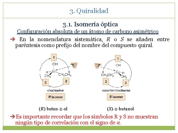 3. Quiralidad 3. 1. Isomería óptica Configuración absoluta de un átomo de carbono asimétrico