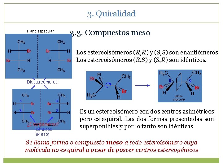 3. Quiralidad Plano especular Enantiómeros 3. 3. C 0 mpuestos meso Los estereoisómeros (R,