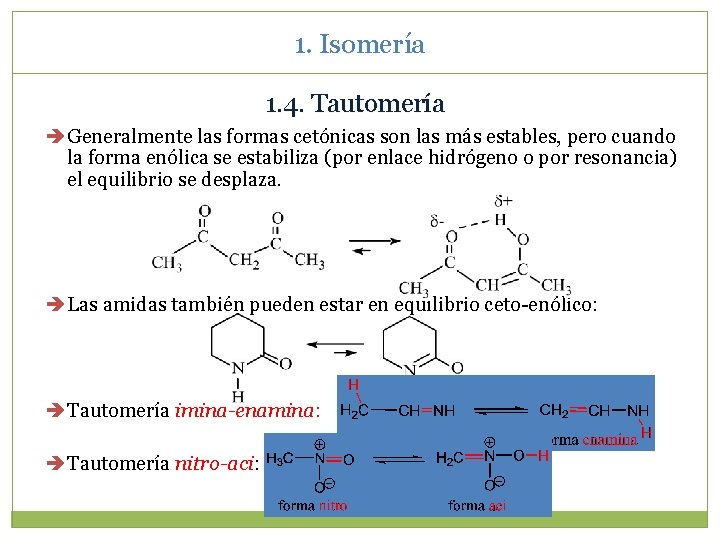 1. Isomería 1. 4. Tautomería Generalmente las formas cetónicas son las más estables, pero