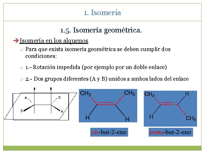 1. Isomería 1. 5. Isomería geométrica. Isomería en los alquenos Para que exista isomería