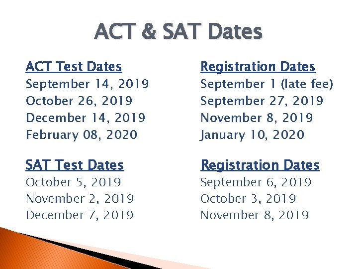 ACT & SAT Dates ACT Test Dates September 14, 2019 October 26, 2019 December