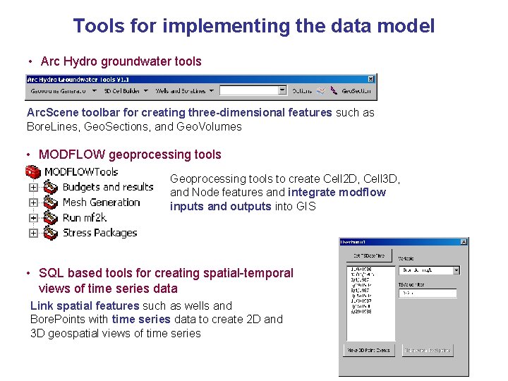 Tools for implementing the data model • Arc Hydro groundwater tools Arc. Scene toolbar