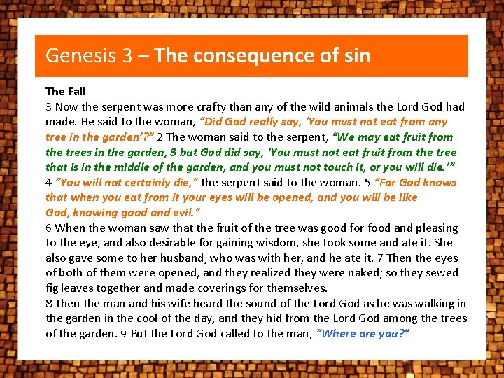 Genesis 3 – The consequence of sin The Fall 3 Now the serpent was Genesis 3 – The consequence of sin The Fall 3 Now the serpent was