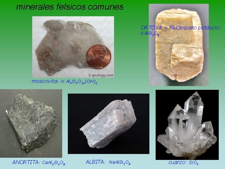 minerales felsicos comunes ORTOSA = Feldespato potáscio: KAl. Si 3 O 8 moscovita: K