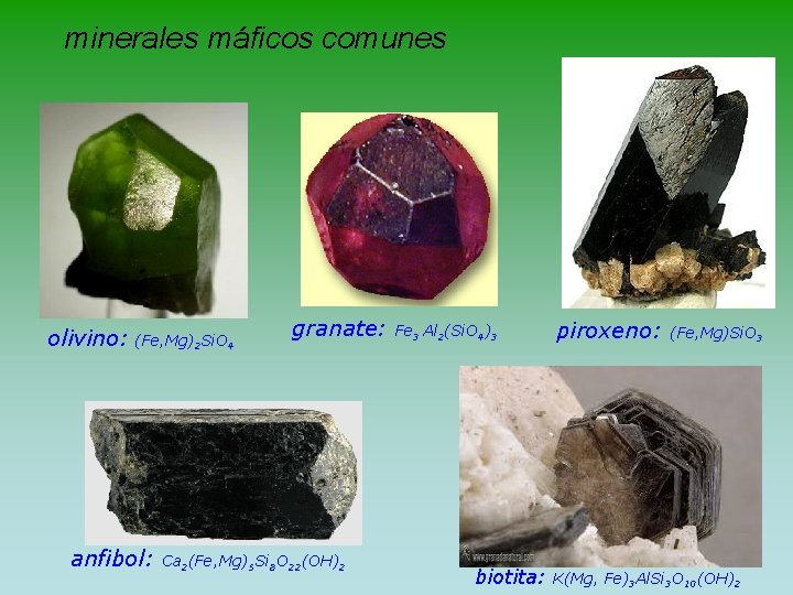 minerales máficos comunes olivino: (Fe, Mg)2 Si. O 4 anfibol: granate: Ca 2(Fe, Mg)5
