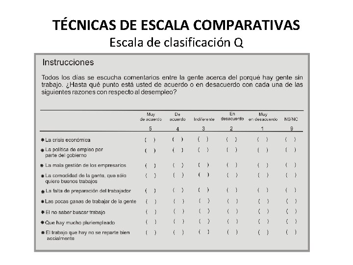 TÉCNICAS DE ESCALA COMPARATIVAS Escala de clasificación Q TÉCNICAS DE ESCALA COMPARATIVAS Escala de clasificación Q