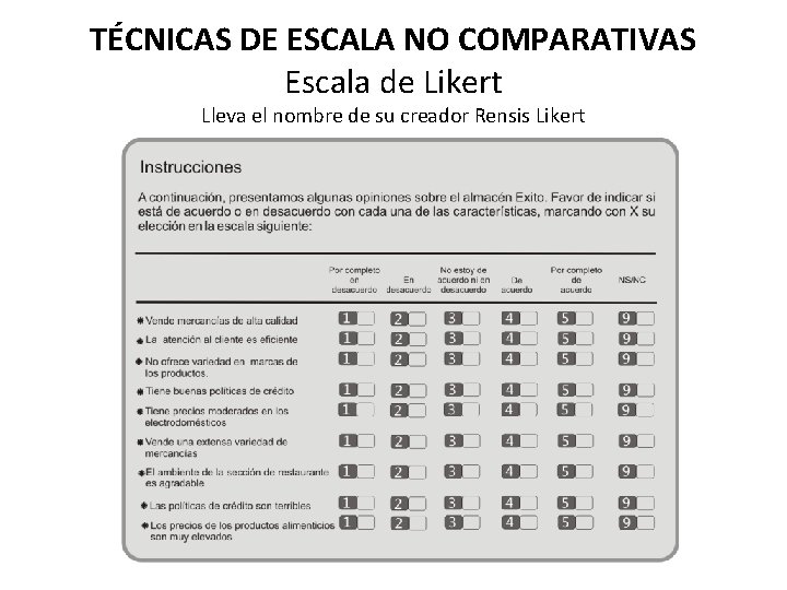 TÉCNICAS DE ESCALA NO COMPARATIVAS Escala de Likert Lleva el nombre de su creador TÉCNICAS DE ESCALA NO COMPARATIVAS Escala de Likert Lleva el nombre de su creador