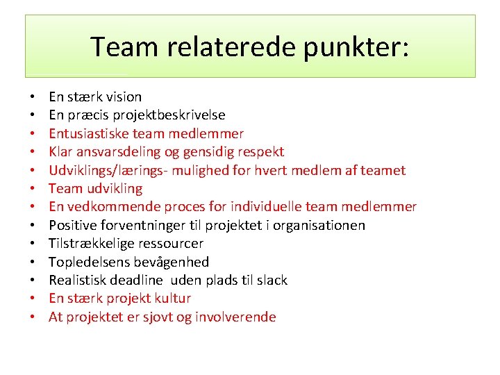 Team relaterede punkter: • • • • En stærk vision En præcis projektbeskrivelse Entusiastiske