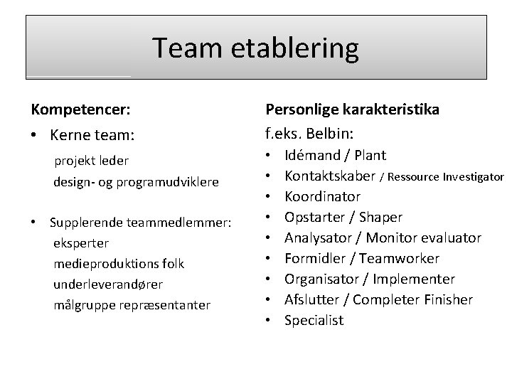 Team etablering Kompetencer: • Kerne team: projekt leder design- og programudviklere • Supplerende teammedlemmer:
