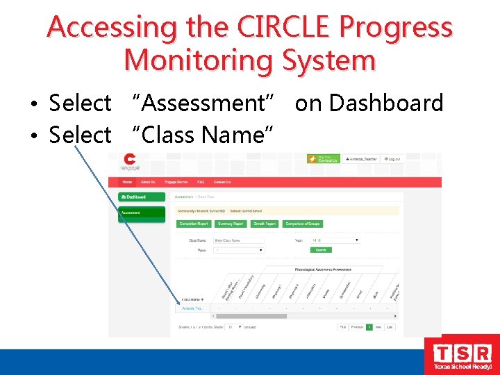 Accessing the CIRCLE Progress Monitoring System • Select “Assessment” on Dashboard • Select “Class