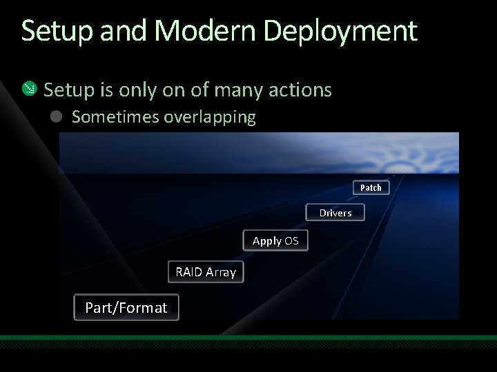 Setup and Modern Deployment Setup is only on of many actions Sometimes overlapping Patch