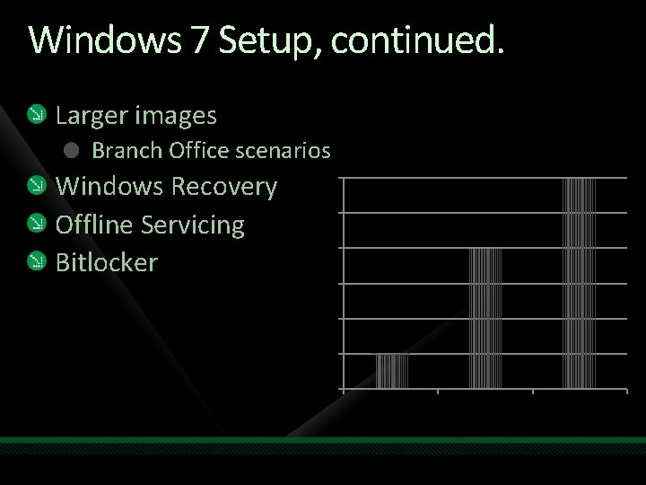 Windows 7 Setup, continued. Larger images Branch Office scenarios Windows Recovery Offline Servicing Bitlocker