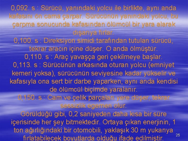 0, 092. s : Sürücü, yanındaki yolcu ile birlikte, aynı anda kafasını ön cama