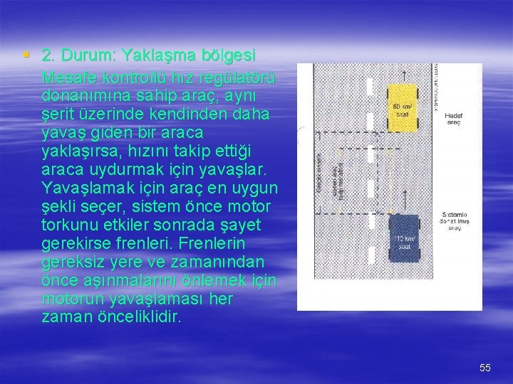 § 2. Durum: Yaklaşma bölgesi Mesafe kontrollü hız regülatörü donanımına sahip araç, aynı şerit