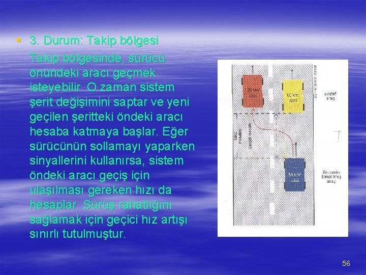 § 3. Durum: Takip bölgesinde, sürücü önündeki aracı geçmek isteyebilir. O zaman sistem şerit