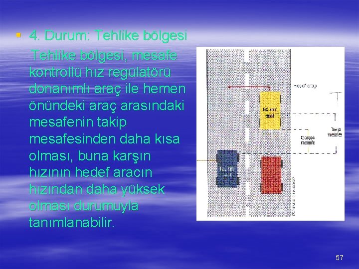 § 4. Durum: Tehlike bölgesi, mesafe kontrollü hız regülatörü donanımlı araç ile hemen önündeki